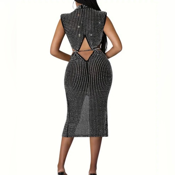Sleeveless Mesh See-Through Rhinestone Studded Bodycon Midi Dress Size XXL - Picture 4 of 9